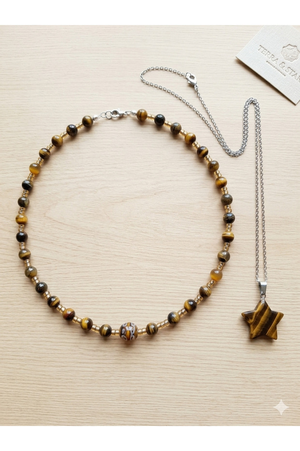 Natural Stone Tiger's Eye 3-Piece Set Necklace Bracelet Combination Valentine's Day Gift