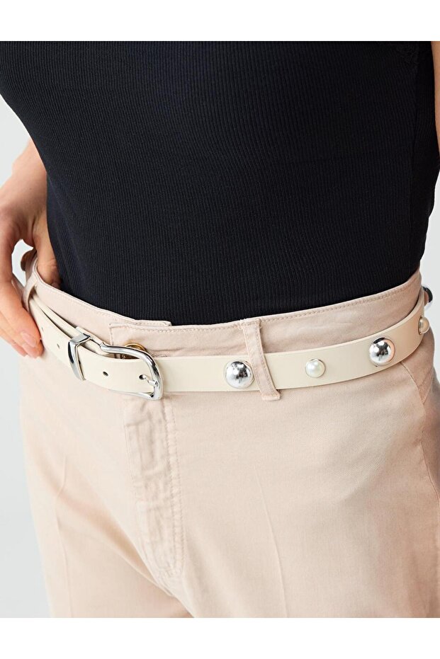 Ecru Leather Look Belt with Pearl Detail