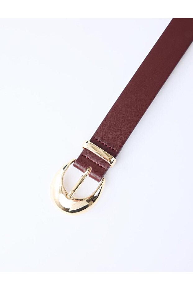 Burgundy Leather-Look Shiny Metal Buckle Belt