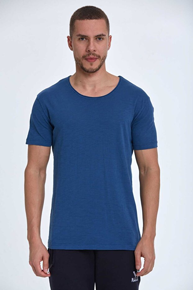 Sausage Collar Flamed Single Jersey Cotton Navy Blue T-Shirt