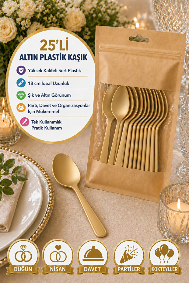25-Pack Gold Plastic Spoons 18 cm Hard Disposable