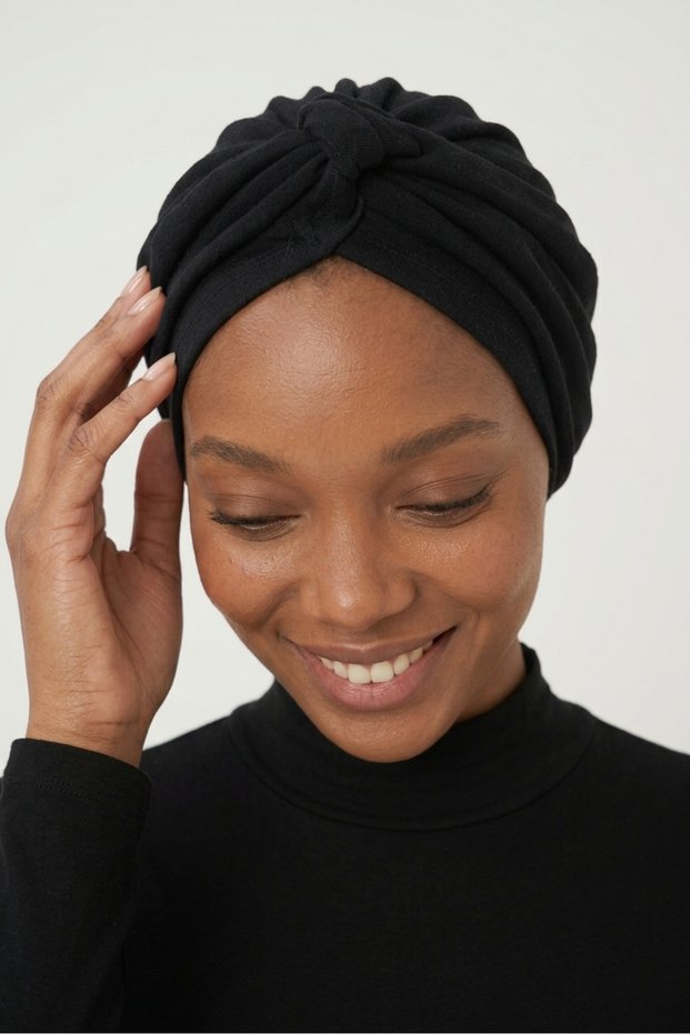 Glittery Pique Cross-Strapped Lined Black Ready-Made Turban Hijab Bonnet Suitable for Medical Use Evening Dress
