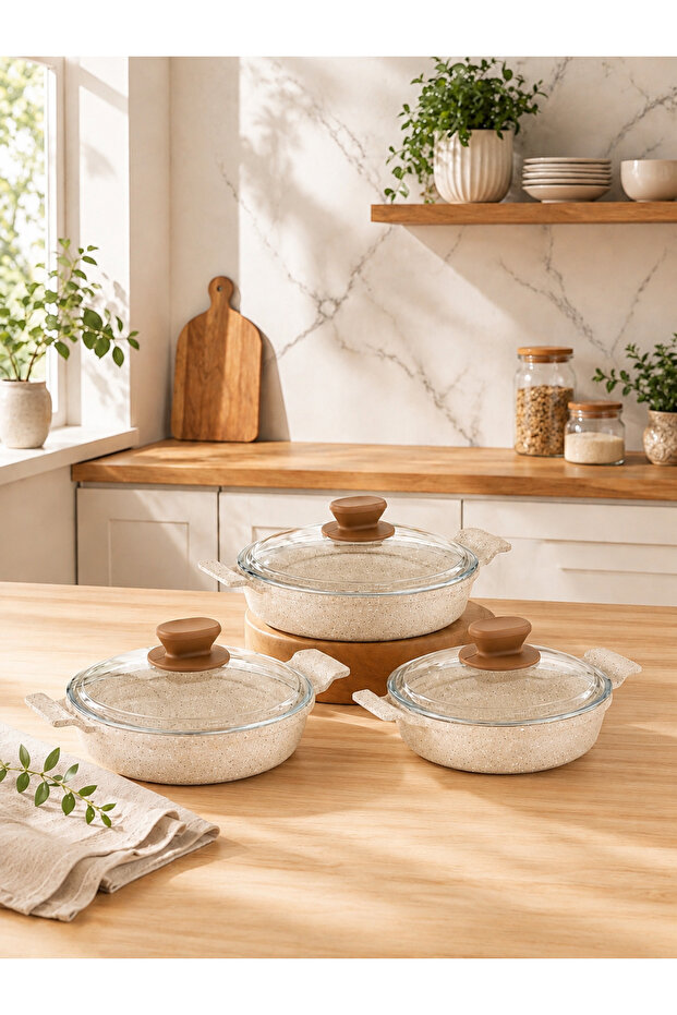 Nirvana 6 Piece Cast Iron Sahan Set with Cappuccino Glass Lid - 18/20/22 Even Heat Distribution