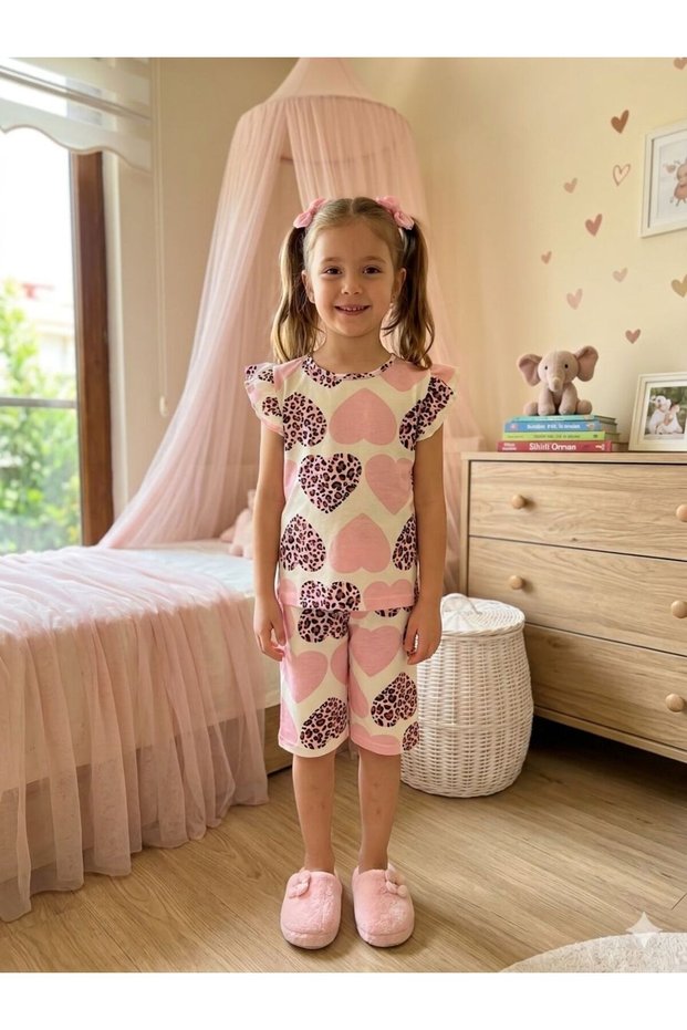 Girls' Cotton Summer Thin Fabric Pink Heart Leopard Print Short-Sleeved Shorts Summer Pajamas Set