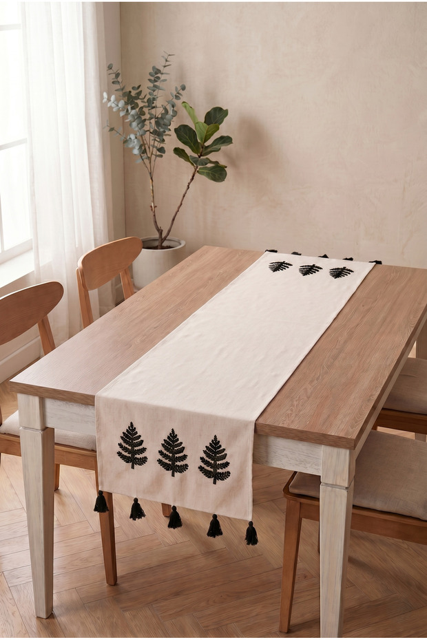 100% Cotton Linen Bohemian Punch Embroidered Table Runner – 40X 130 Elegant and Natural Tablecloth