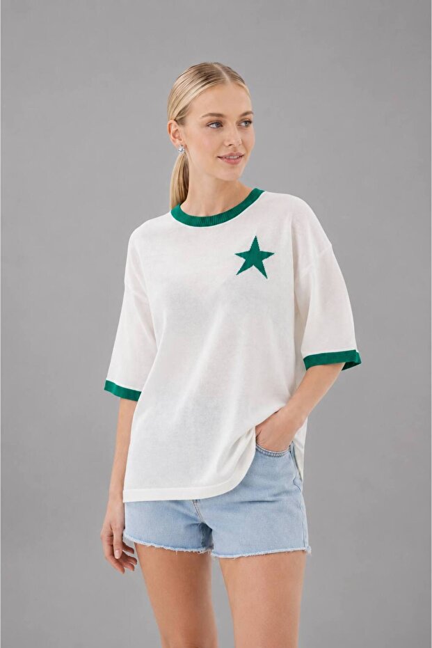 Women's Crew Neck Stone Embroidered Y Slit O Oversized Knitwear Sweater 10042