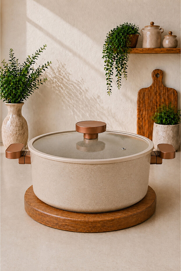 Valeria 26 cm Granite Deep Pot with Silicone Edged Glass Lid - Cappucino