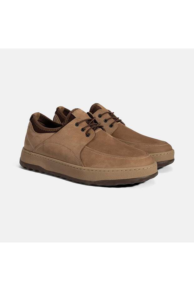 Men's Beige Lace-Up Nubuck Leather Casual Shoes