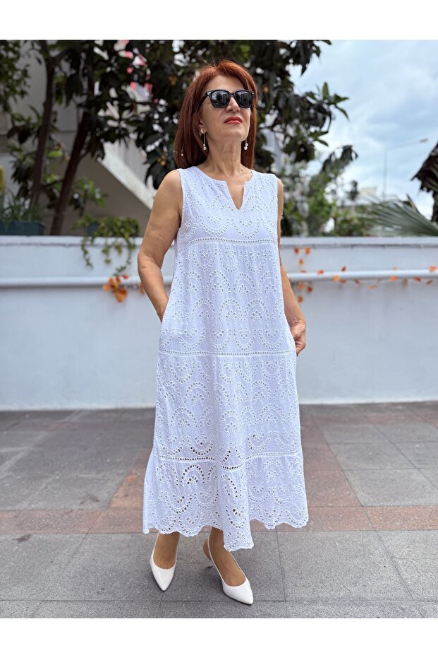 Rochie lungă brodată, căptușită, albă KolBerli - 5