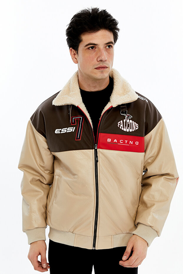 Unisex Oversized Zippered Coat with Fur Inside – Beige Striped Streetwear Trend