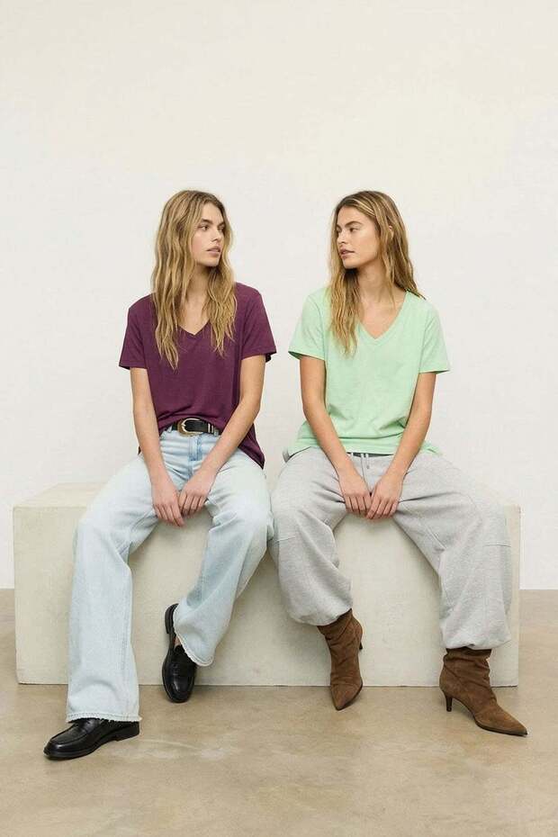 قطعتان من تي شيرت بيك أسبريسو مزيج فيسكوز برقبة على شكل حرف V