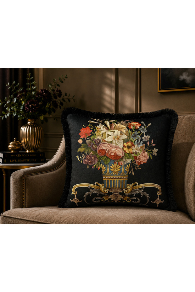 Imported Silk Velvet Tasseled Damask Pattern Black Color Throw Pillow Case (Double Sided Pattern)