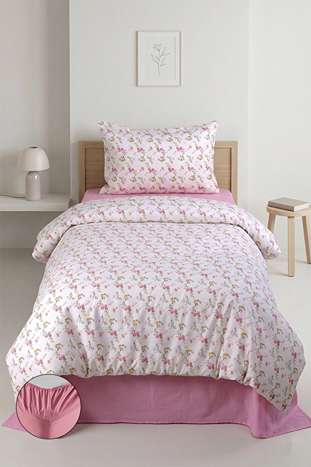 Floral 100% Cotton Single Fitted Duvet Cover Set 160X220 cm