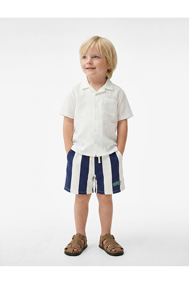 Cotton Embroidery Detailed Striped Shorts with Tie Waist