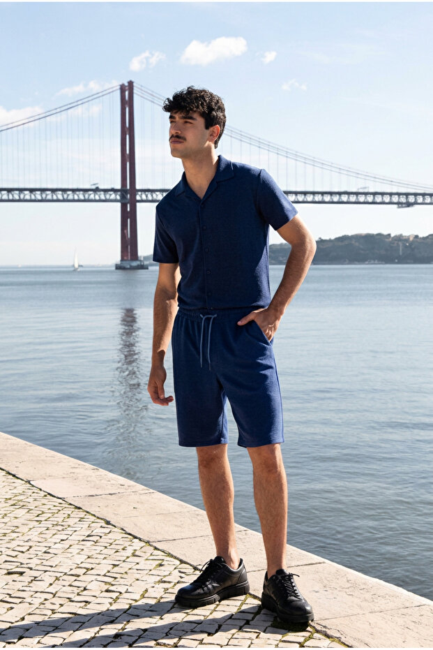 Men's Relax Fit Shirt Basic Shorts Navy Blue Summer Linen Two-Piece Set