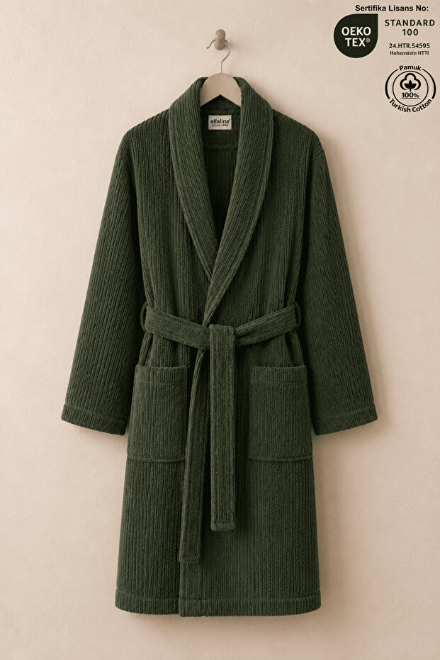 Green Striped Bathrobe 100% Certified Cotton Shawl Collar Unisex Bathrobe / Dressing Gown 340 Gr/M2