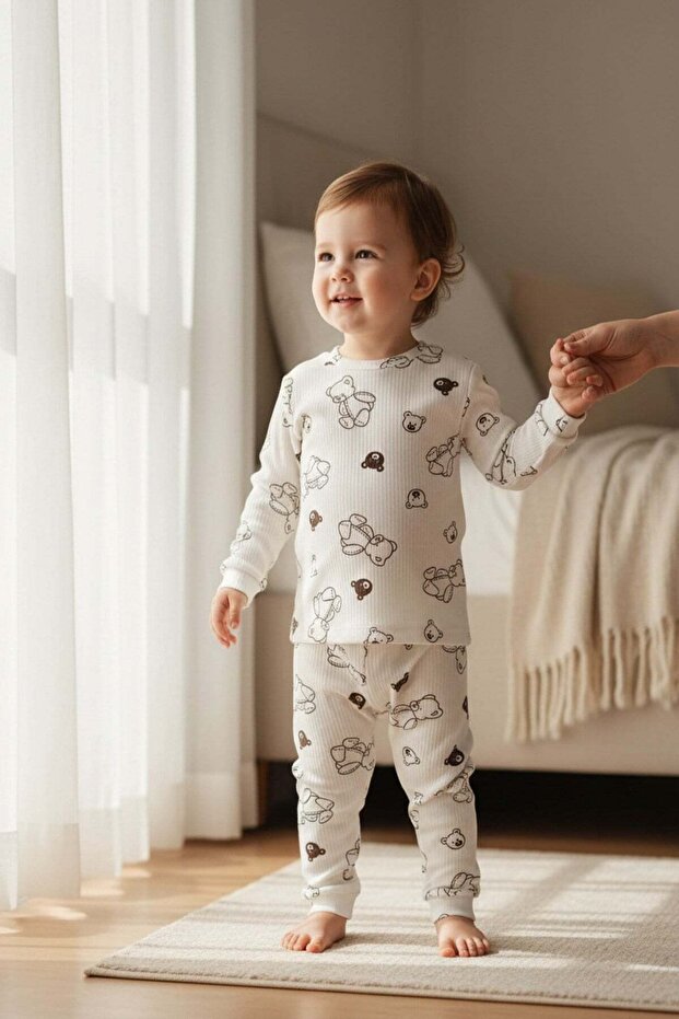 Children's Pajama Set with Bear Pattern Printed Fabric