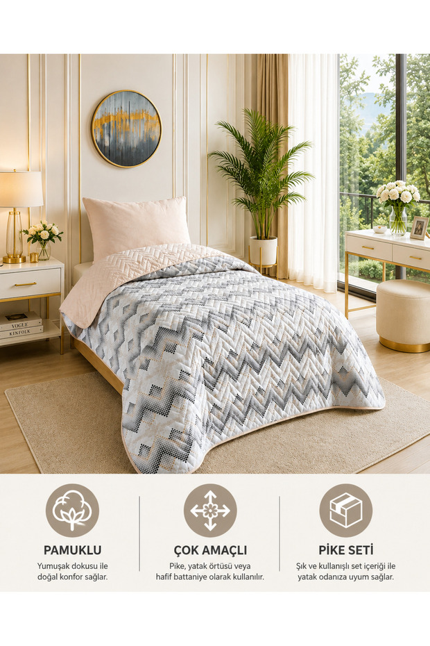 طقم مفرش سرير وغطاء سرير مبطن على الوجهين من نوع Tek Kişilik Pike - مقاس 160 × 230 سم (بدون ملاءات)