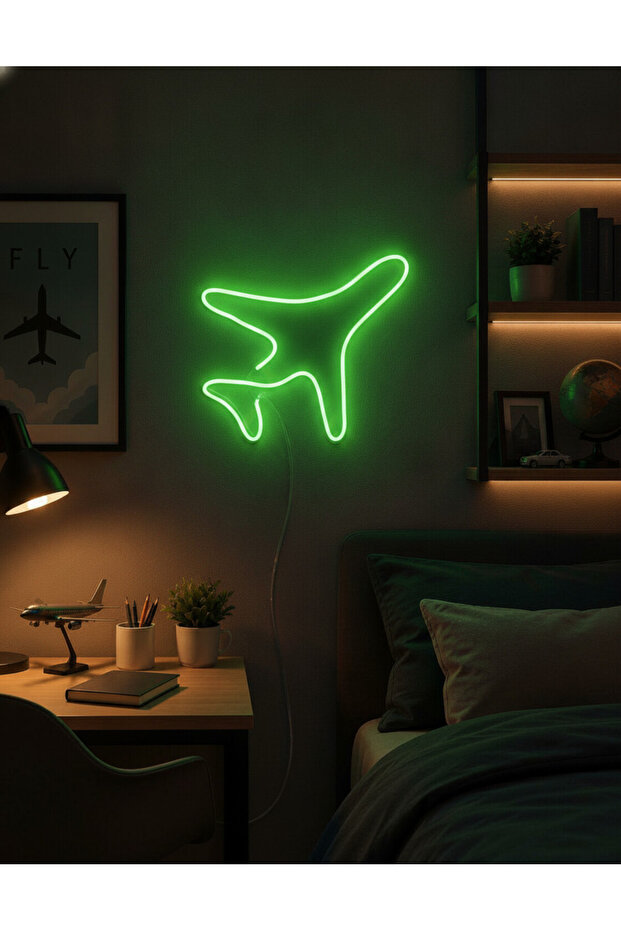 Uçak Figürlü LED Neon Duvar Tablosu | Yeşil Aydınlatmalı Modern Dekor | Çocuk Genç Odası - 1