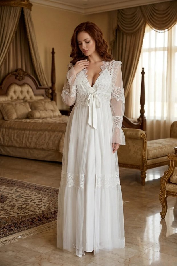 Bridal Dressing Gown Set - Satin Lace Luxury 2-Piece Set Dowry Nightgown