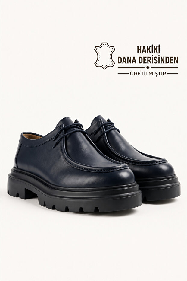 Men's Navy Blue Genuine Leather Thick Sole Lace-Up Shoes - Obsidian