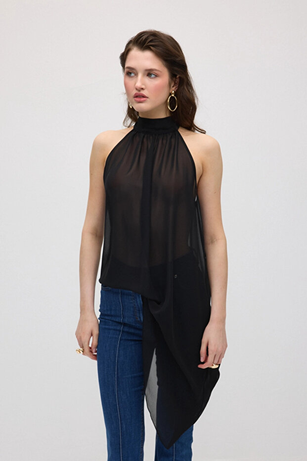 بلوزة شيفون بقصة غير متماثلة - أسود