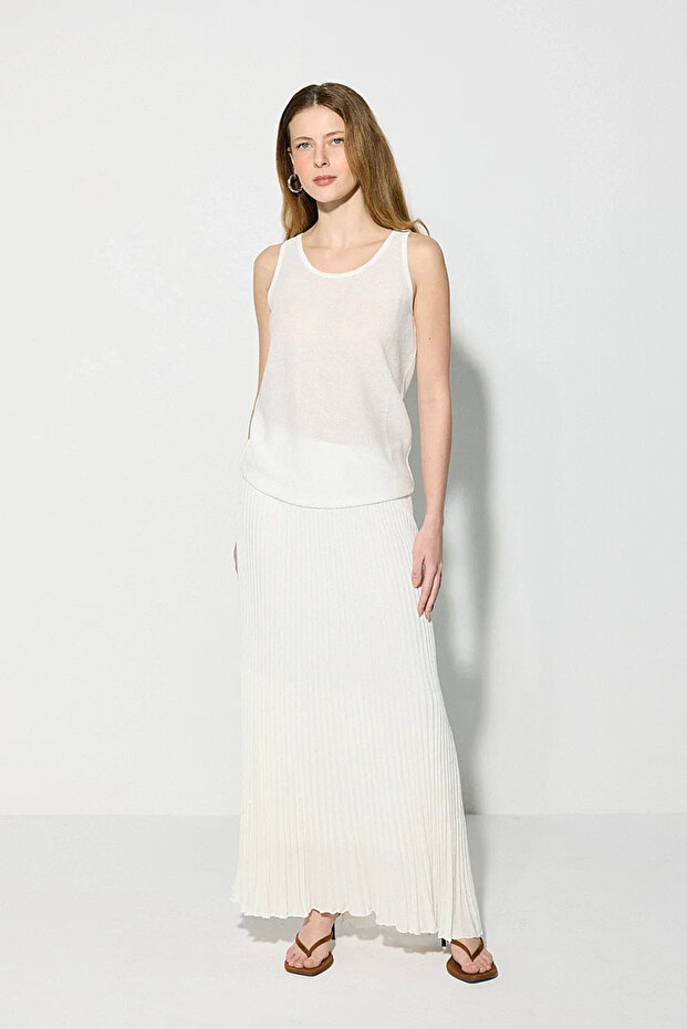 Sequin Detailed Pleated Lined Knitwear Skirt - White