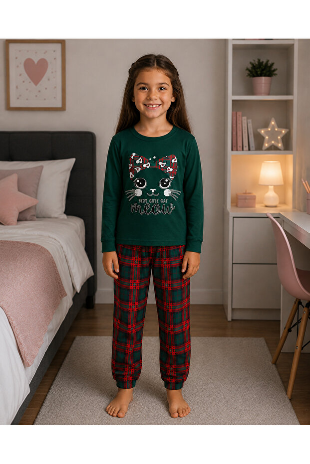 Girl's 100% Cotton Green Cat Patterned Six Plaid Patterned Long Sleeve Seasonal Pajama Set