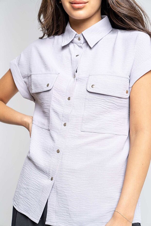 Solid Front-Button Shirt with Pockets and Short Sleeves - 2