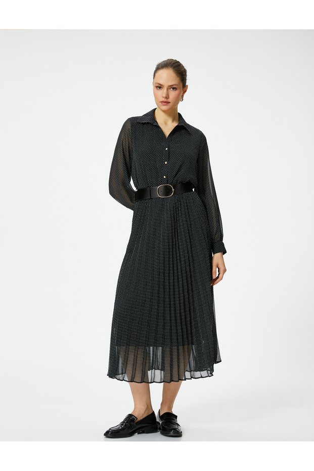 Polka Dot Chiffon Dress Midi Pleated Long Sleeve Buttoned With Belt