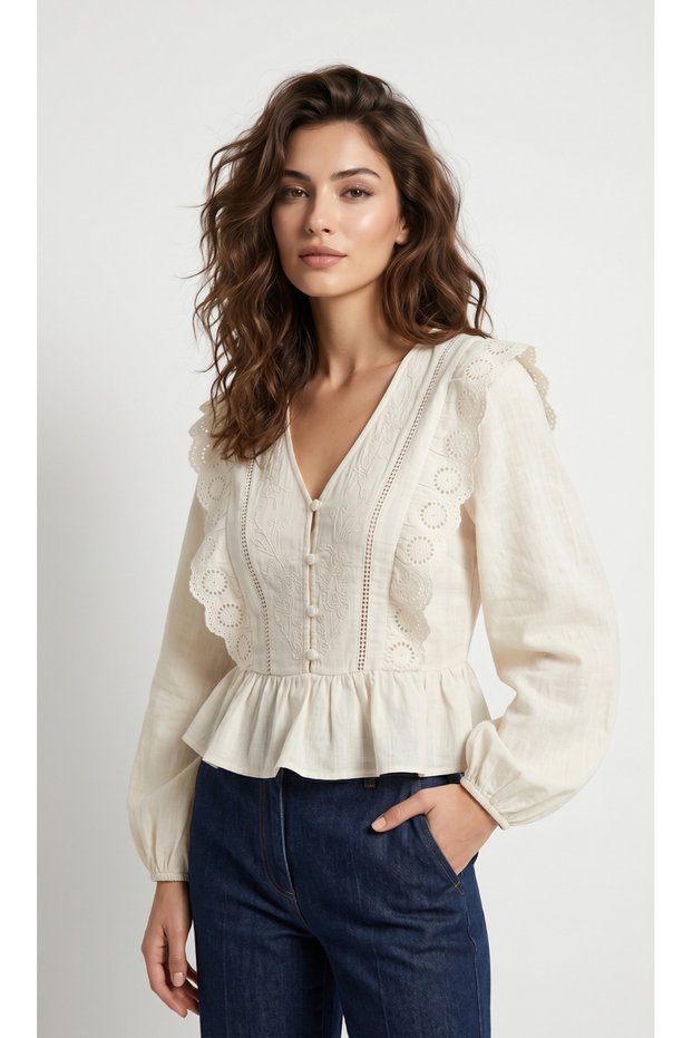 Embroidered V-Neck Blouse with Scallop Detail