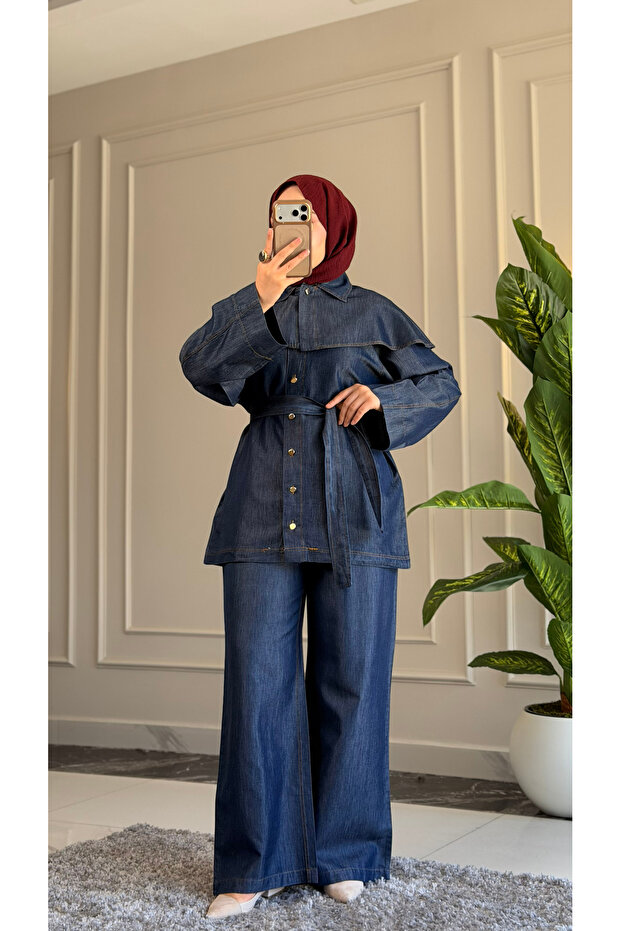6456 - Stylish Comfortable Slim Soft Denim Fabric Waist Tie Women's Trousers Tunic Set