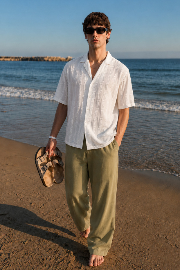 Comfortable Cut Men's Khaki Trousers with Leg Detail 6532