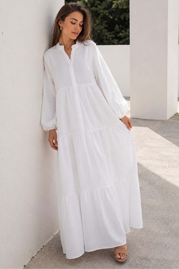 White Long Sleeve Buttoned Dress Mg2433