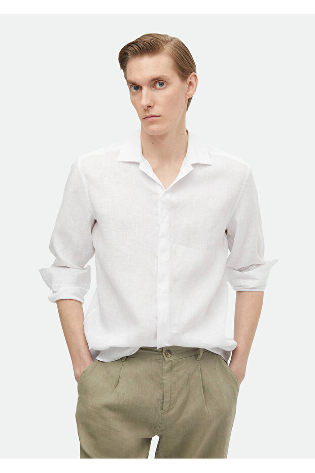 White Plain Regular Fit Long Woven Casual 100% Linen Shirt