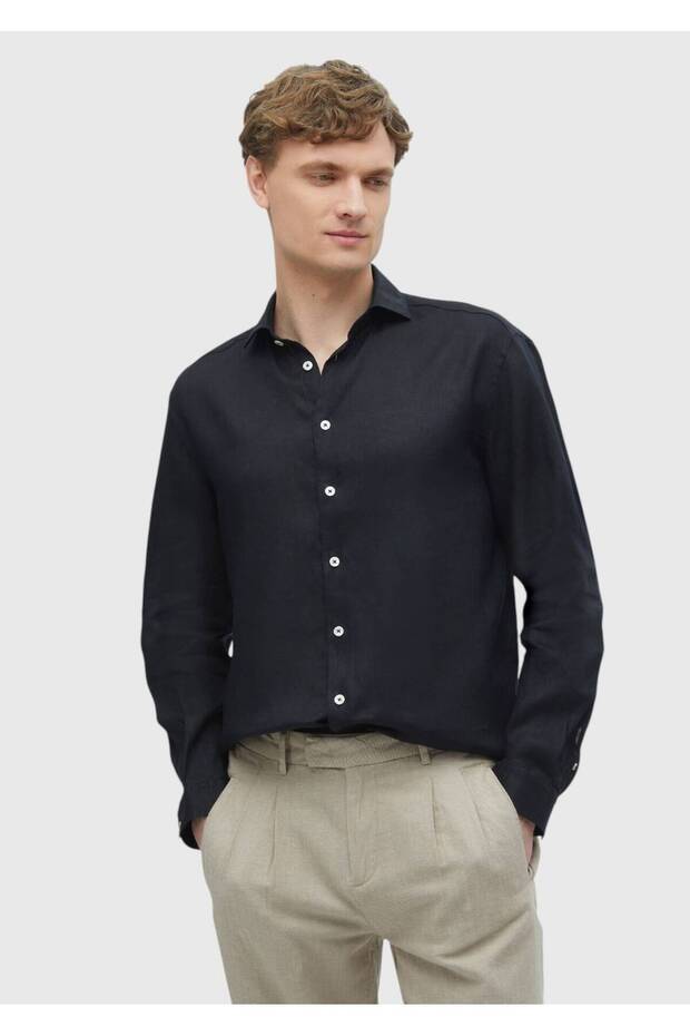 Black Plain Casual Fit Long Woven Casual 100% Linen Shirt