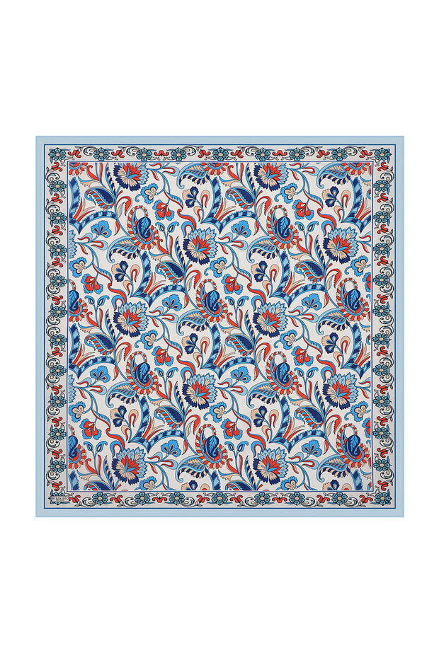 Ice Blue Floral Pattern Voile Silk Scarf