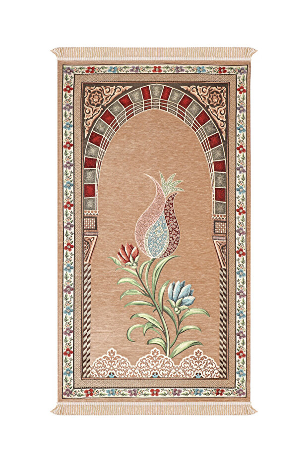 Beige Mihrap Tulip Pattern Embossed Special Woven Prayer Rug