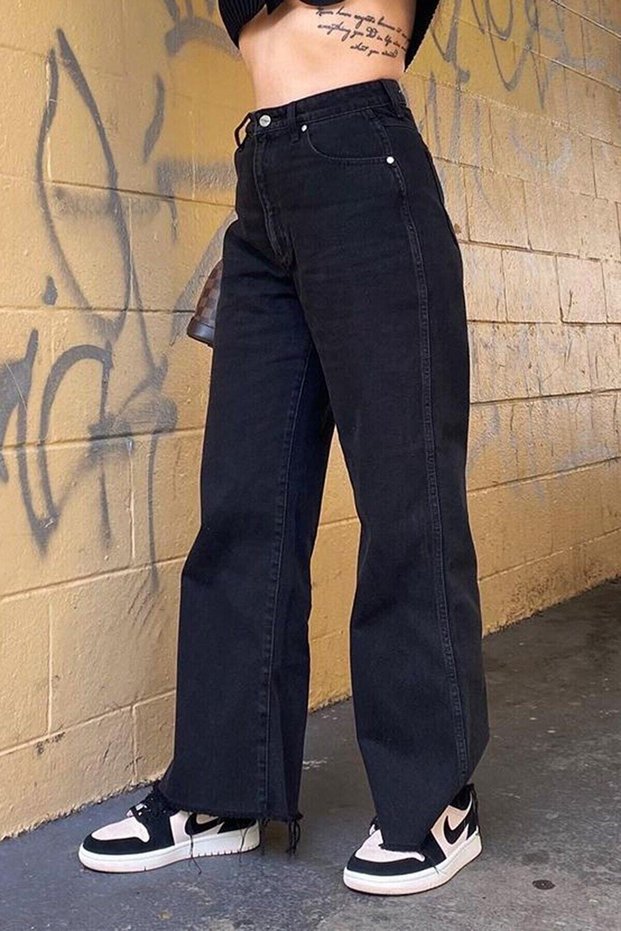 Hilfigr Women's Loose Fit Non-Fading Black Super High Waist 90's Wide Leg Comfort Lycra Palazzo Jeans