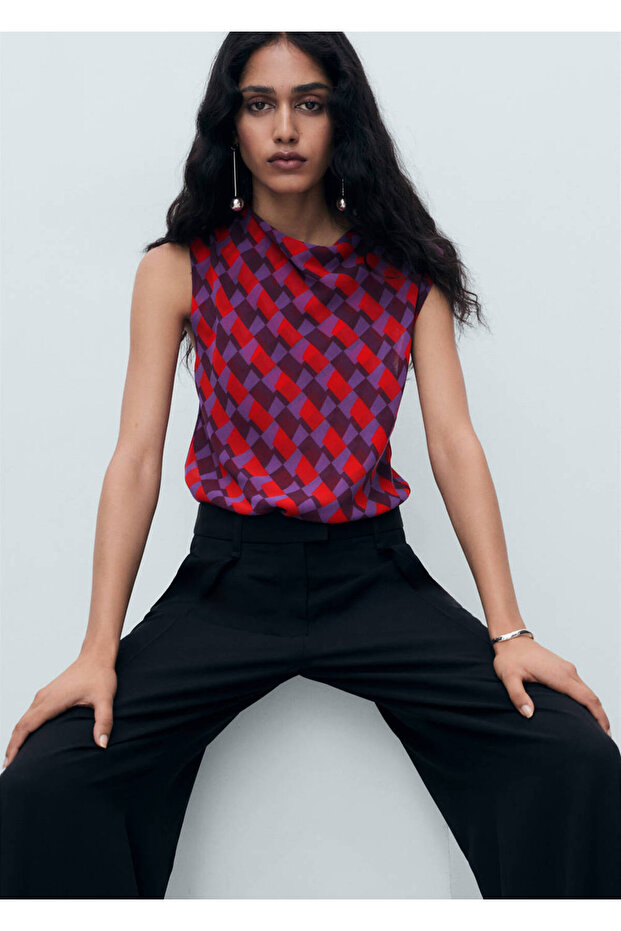 Blouse with Draped Collar Print - 7