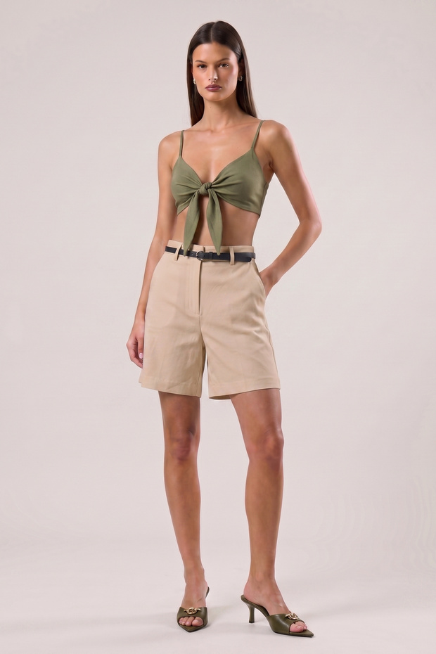 Shorts Women's Beige Pocketed Belted Cotton Short Loose Comfortable Mom Fit Barrel Wide Leg Shorts