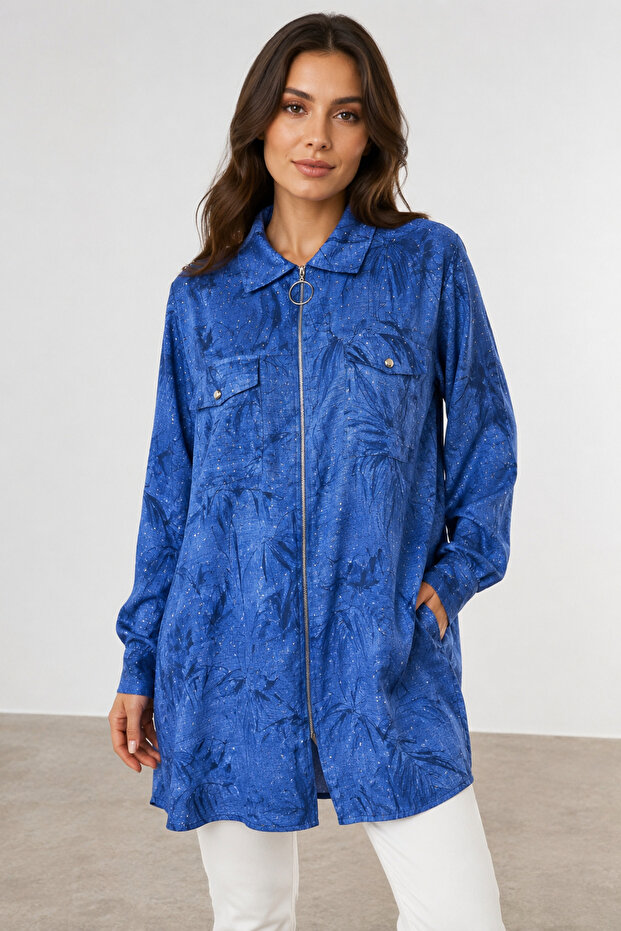Women's Zippered Stone Detailed Patterned Shirt - Y26-1151 - Blue