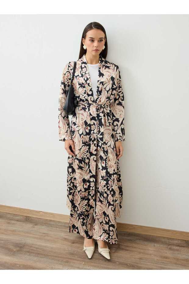 Shawl Patterned Belted Kimono Pants Set - Black - - 4