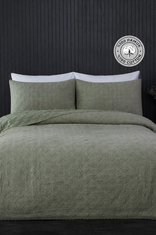 100% Cotton Double Pique Set Special Stone Washed Bedspread Barbara 3 Piece Luxury Soft Green