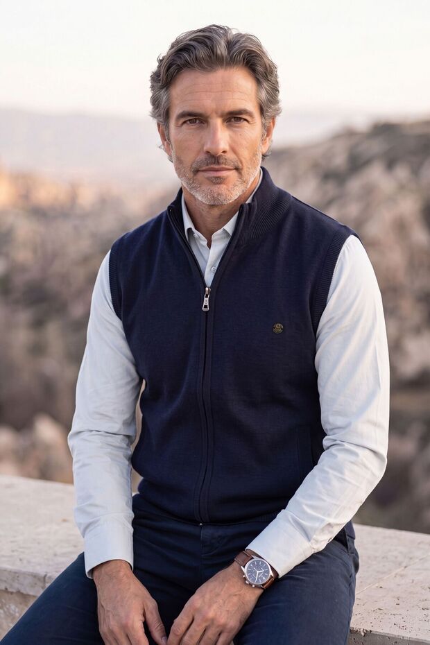 Men's Half Turtleneck with Pocketed Zippers Navy Blue Vest Classic Fit - 5200J