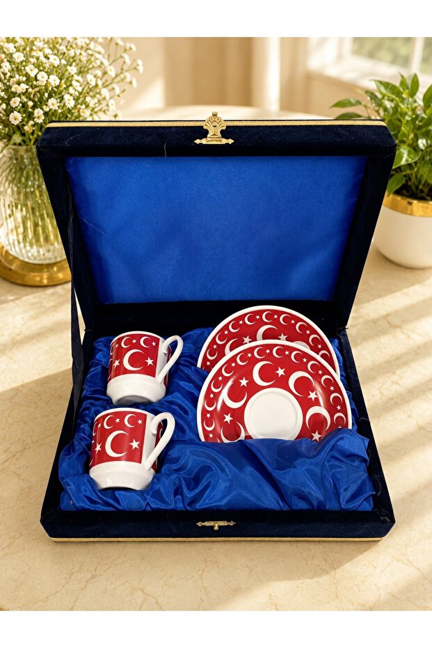 Velvet Boxed Turkish Flag Double Porcelain Cup Set