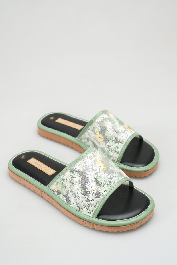 L03 Floral Embroidered Tulle Detailed Daily Soft Textured Insole Women's Summer Slippers