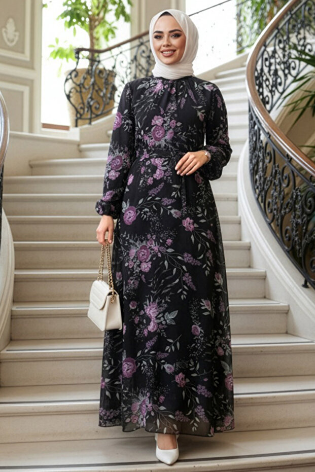 فستان حجاب أسود منقوش بالزهور 27960S