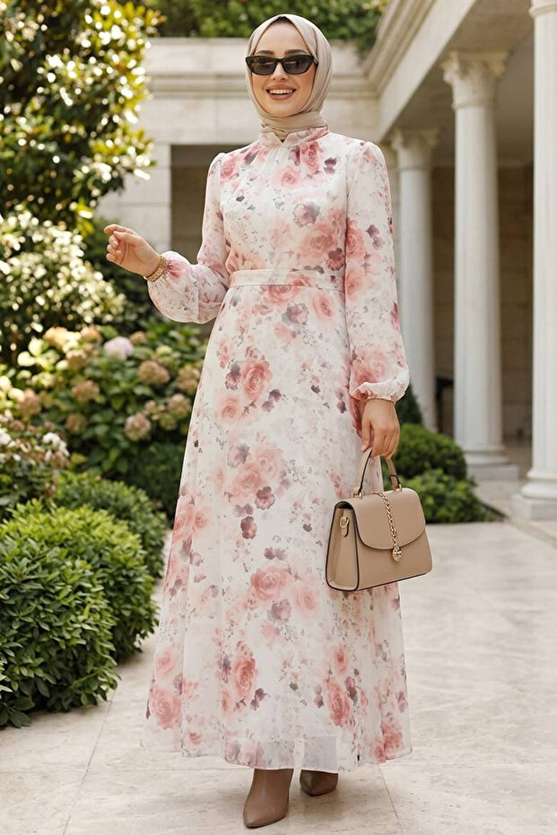 Floral Patterned Ecru Hijab Dress 27969E