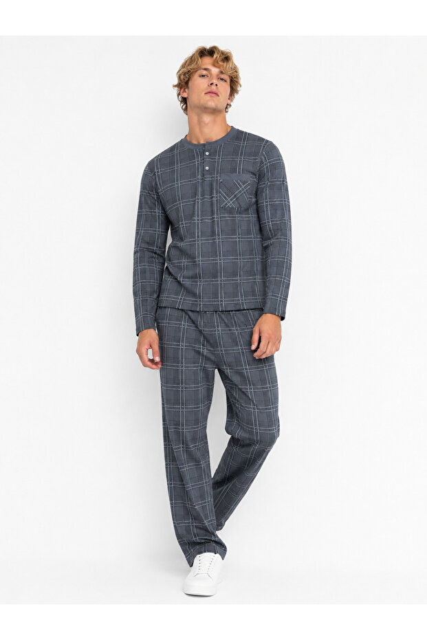 Quality Knitted Fabric Wide Cut Placket Collar 3 Button Pantalon Leg Men's Pajamas